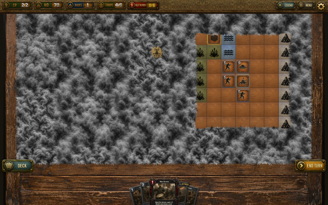A Table of War tactical battle: units, terrain and fog of war on the grid, with a hand of cards below.