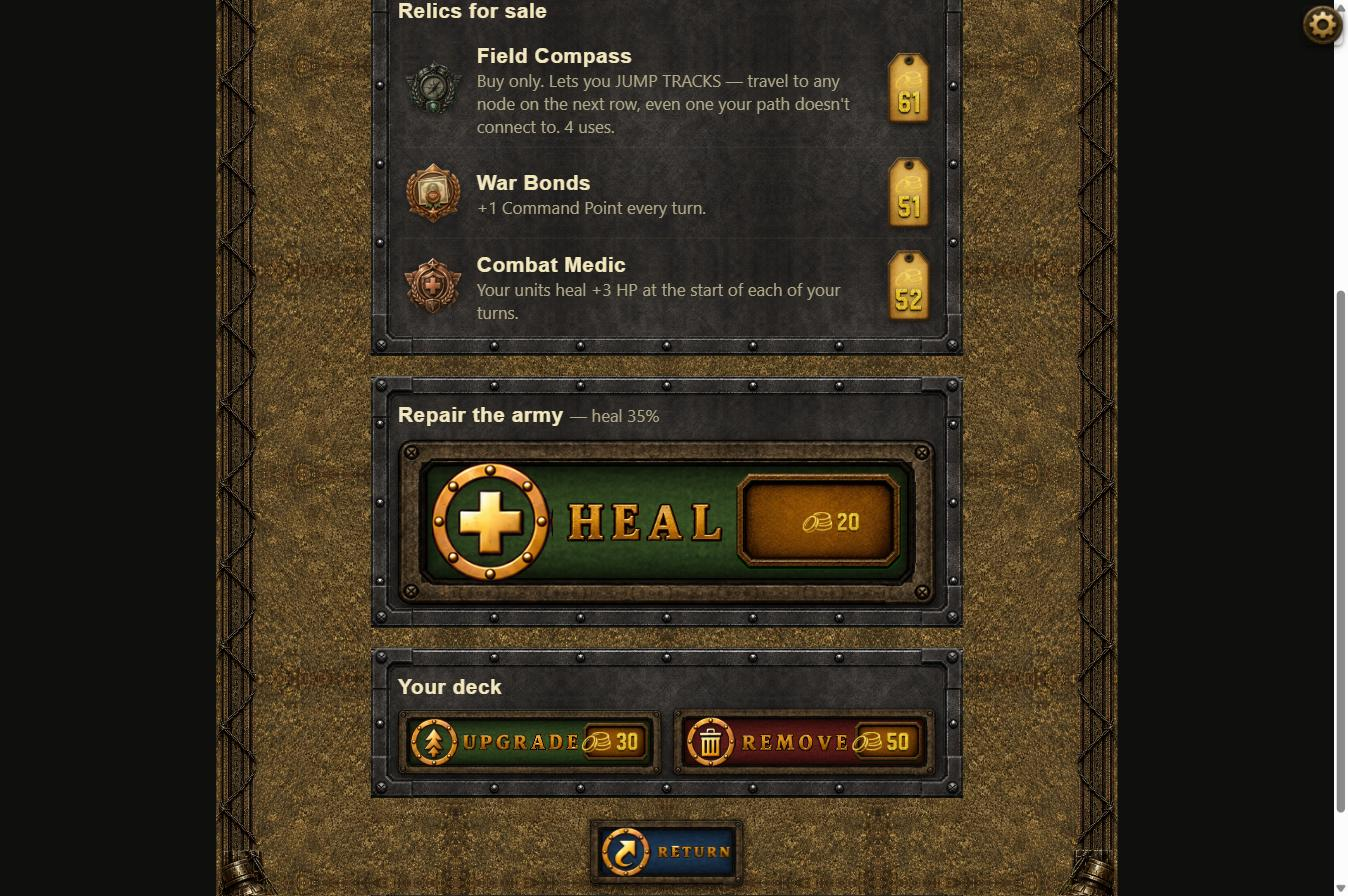 The outpost: buy cards and relics, repair the army, upgrade or thin the deck.